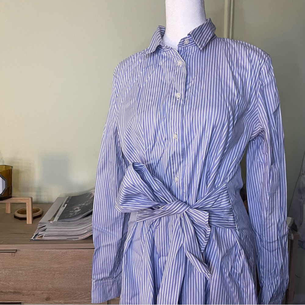 ANN TAYLOR Blue & White Seersucker Stripe Wrap Button Down Modest Midi Dress M - Picture 4 of 16
